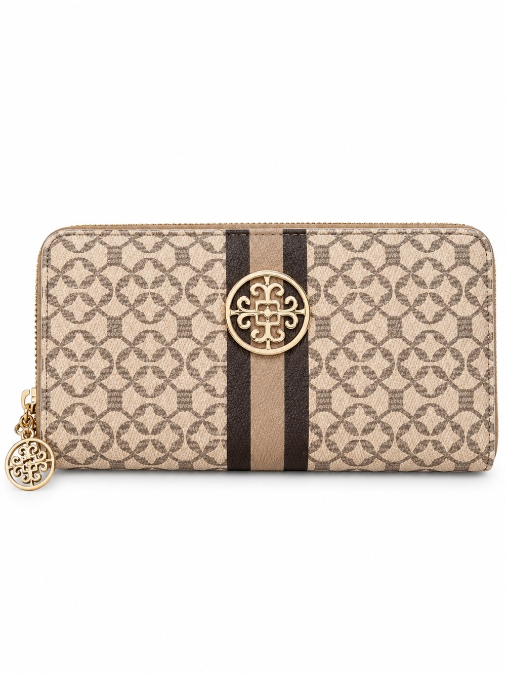 Beige Logo Stripe Zip-Around Wallet